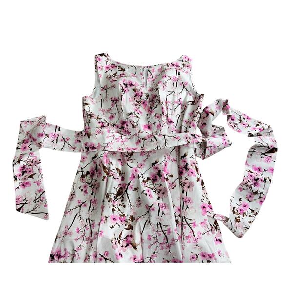 Cherry Blossom Print Dupioni Midi Dress Sz 16 Split Boat Neck Sash Belt New - Picture 6 of 13
